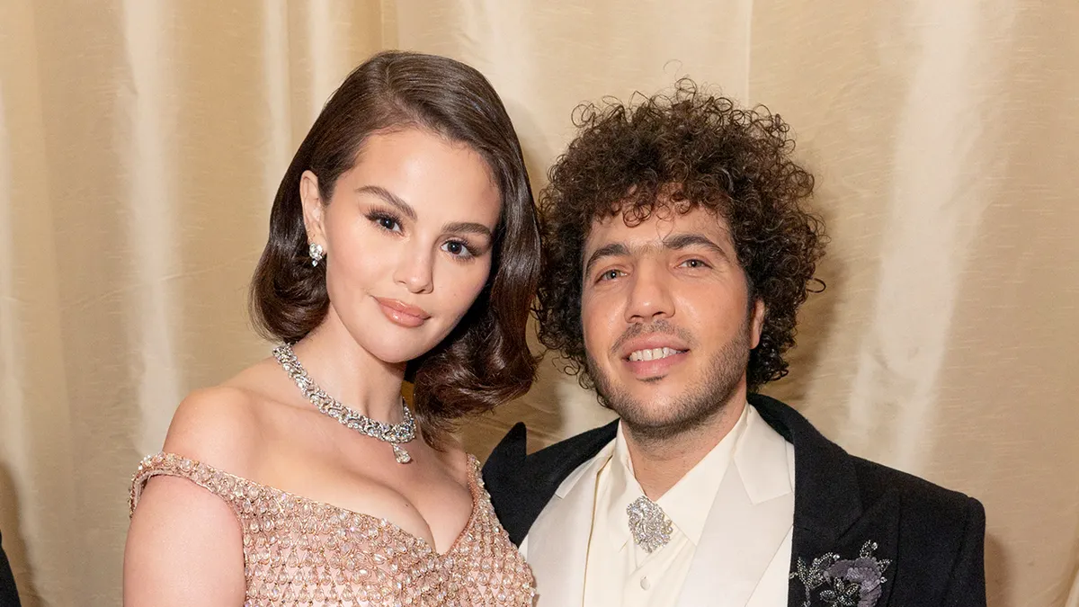 Selena Gomez wore a sparkling strapless gown with fiance Benny Blanco in a white suit