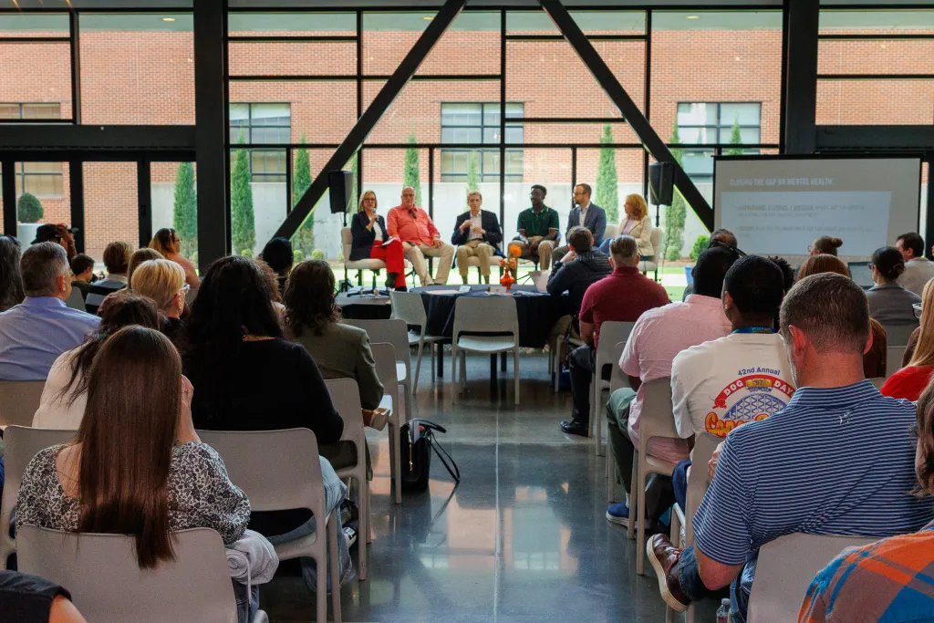 Left to right: Ziva Branstetter, CEO for the Tulsa Flyer; Mike Brose, consultant for Tulsa Day Center; Garrett Yalch, reporter for The Frontier; Zack Stoycoff, president and CEO of the Healthy Minds Policy Initiative; Christine Marsh, executive vice president for Family & Children's Services, hosted a panel to discuss the mental health care gap in Oklahoma on March 30, 2026.