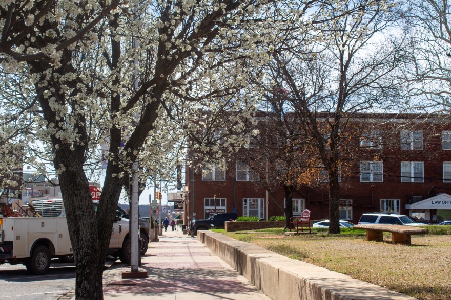 A quiet sidewalk in downtown Chandler, Oklahoma.