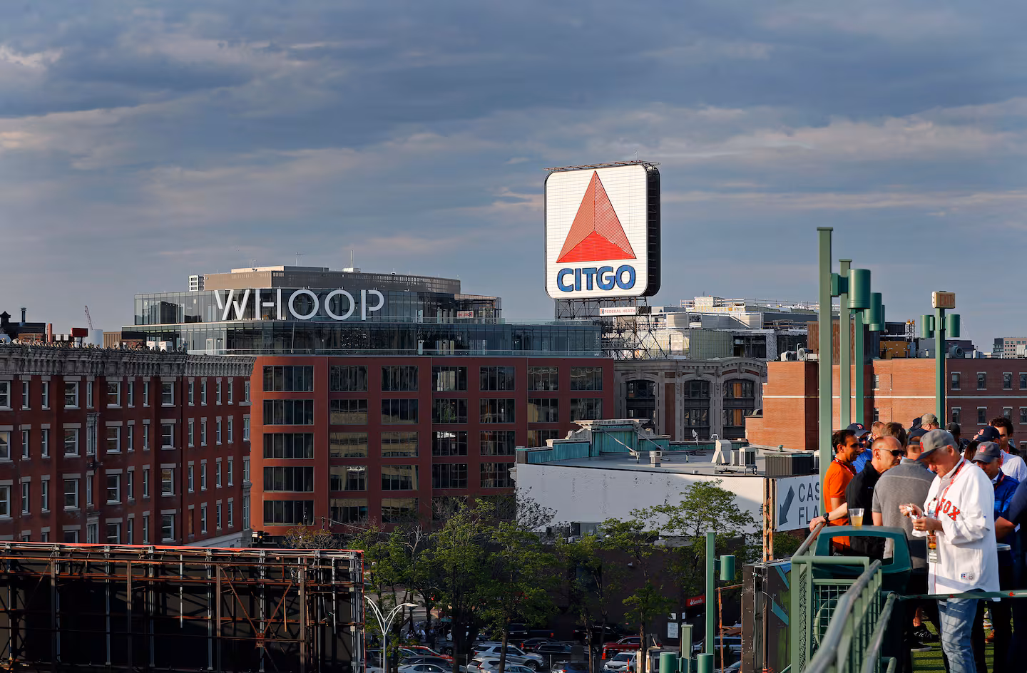 The Whoop name sits atop the Kenmore Square building that houses its headquarters, and is a more prominent sign on the Boston skyline.