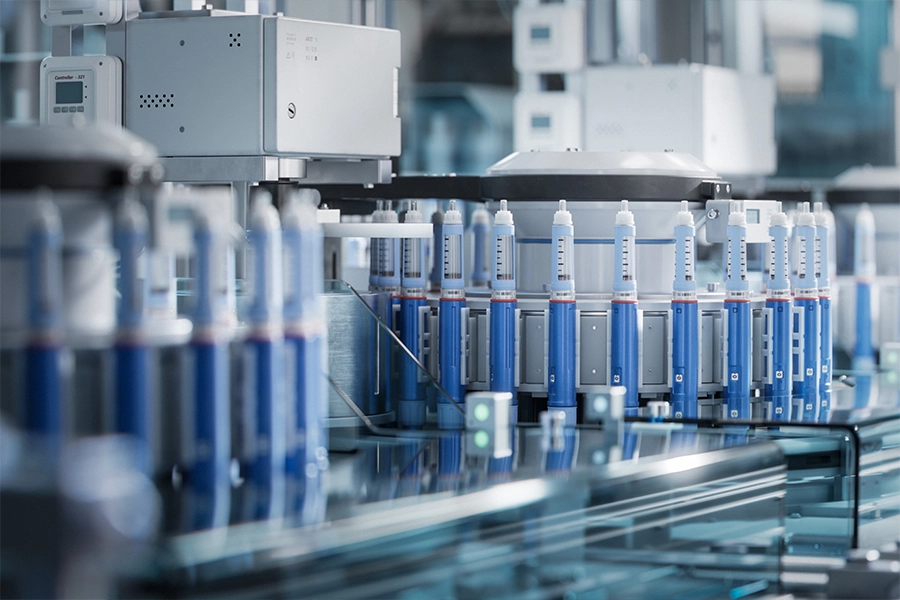 Insulin Injection Pens on the Conveyor Line during the Production Process 
