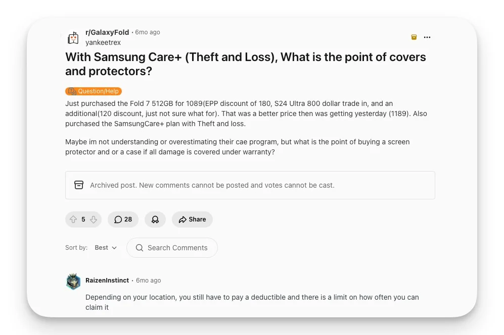 A Reddit post on r/GalaxyFold asks what's the point of Samsung Care+ theft and loss lawsuits and defenders, with a response specifying deductibles and claim limits