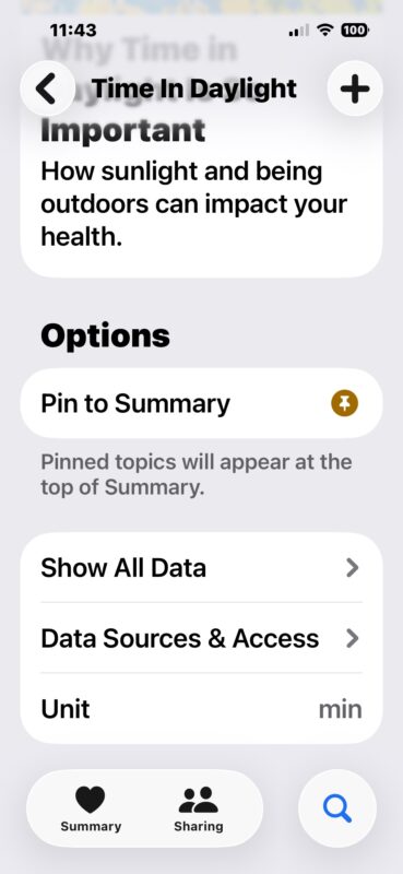 Pin the time of day to your health summary if you want to view it on iPhone