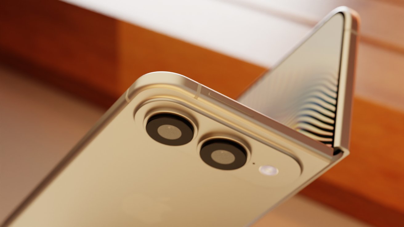 An iPhone fold render shows the rear dual camera module and flash, reflecting soft warm light on its glossy surface, with the device partially folded or open near a window.