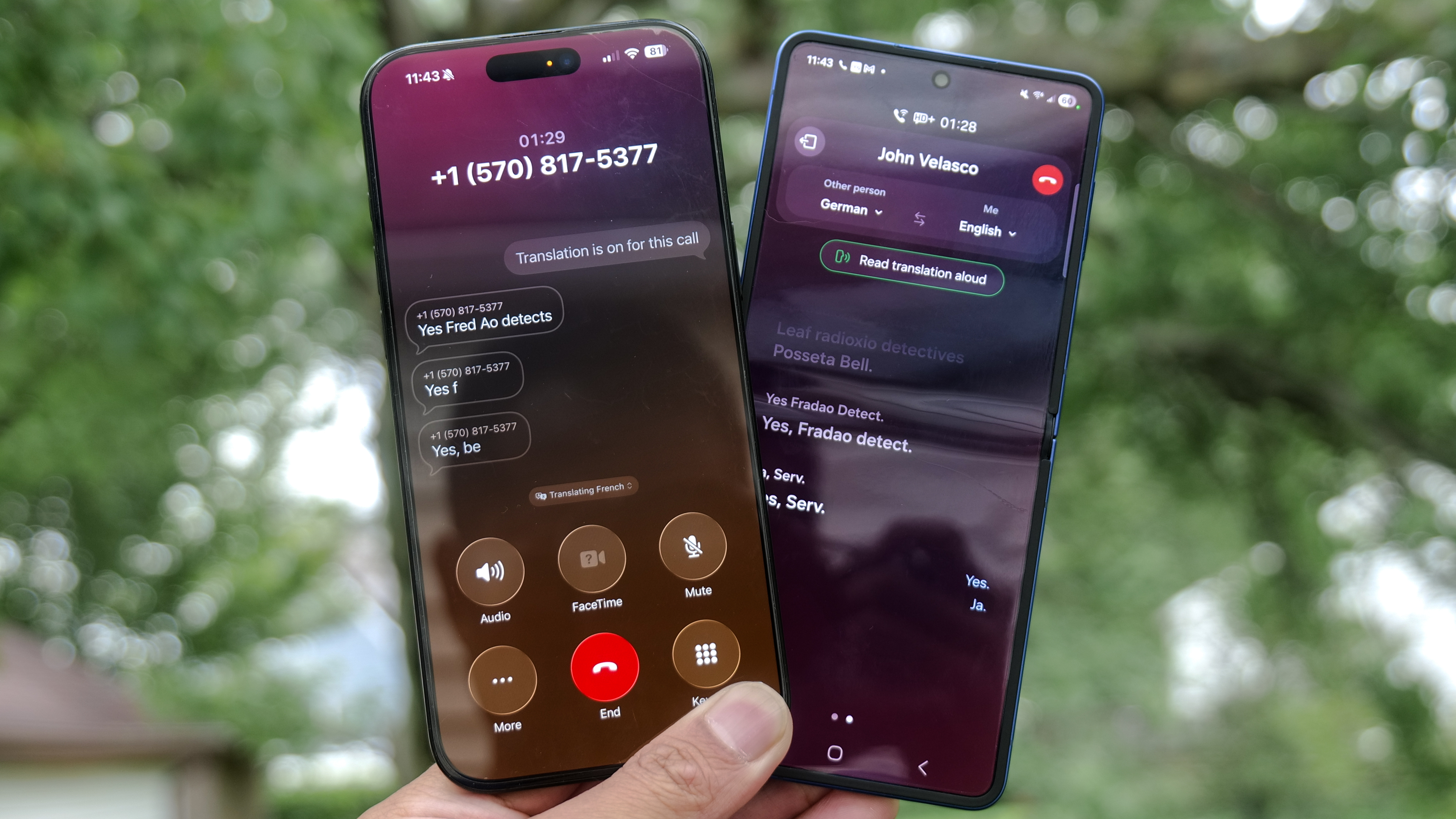 Translate iOS 26 vs Galaxy AI live using iPhone 16 Pro Max and Galaxy Z Flip 7.