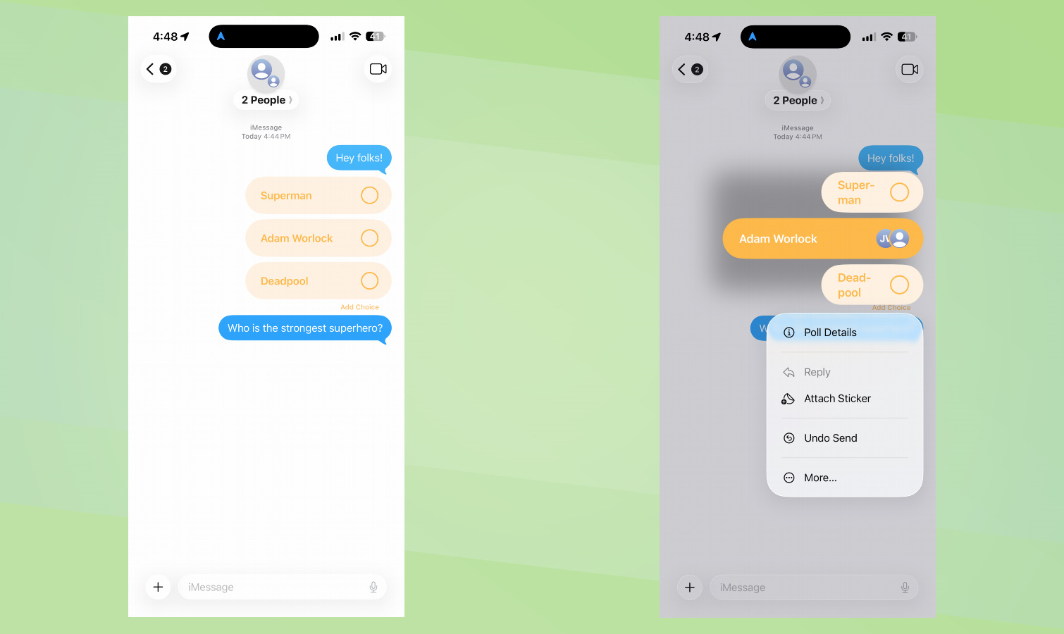 Screenshots of iOS 26 How to Create Polls in Messages