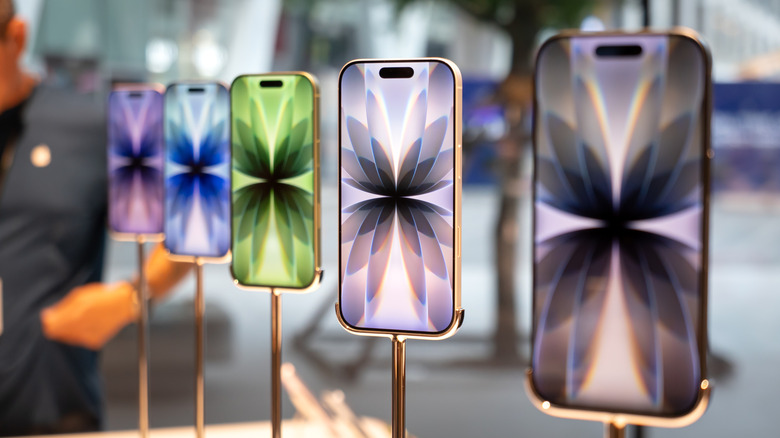 Line up iPhone 17 models at an Apple retail store