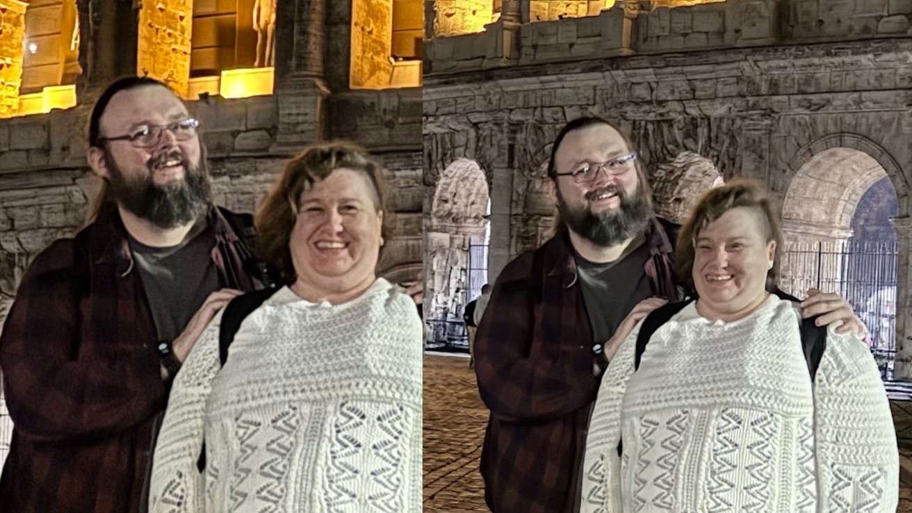 Smiling couple posing together at night in front of an ancient stone amphitheater with arches, warmly lit in the background