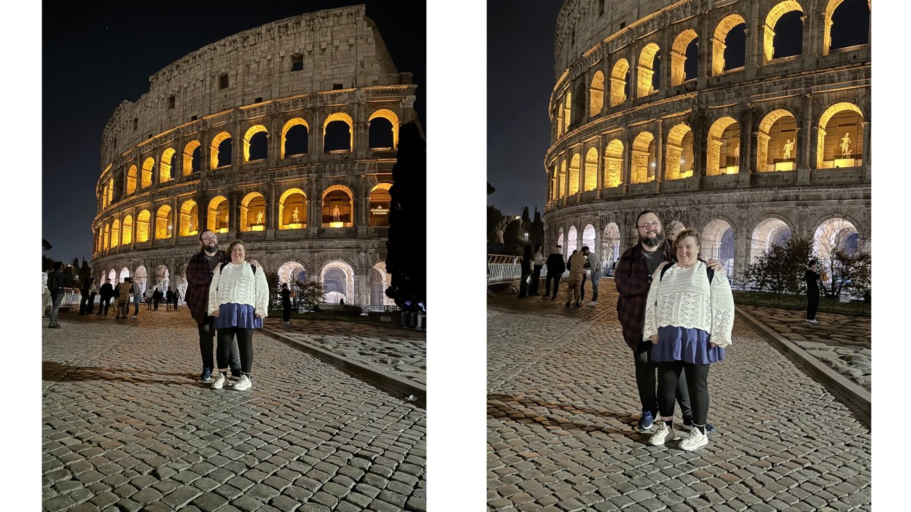 Two people pose together on the cobblestone pavement at night in front of the illuminated Colosseum, as shown in two similar side-by-side photographs taken from slightly different distances.