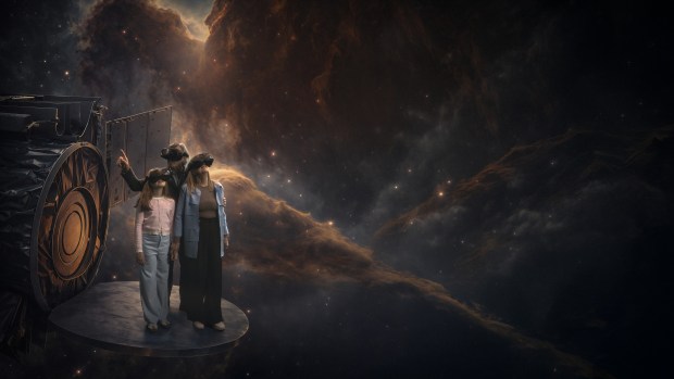 The 40-minute experience transforms the 5,000-square-foot space into a free-standing environment, where producers work with astrophysicists to create interactive scenes using observational data from the James Webb and Hubble Space Telescopes (courtesy Fever).