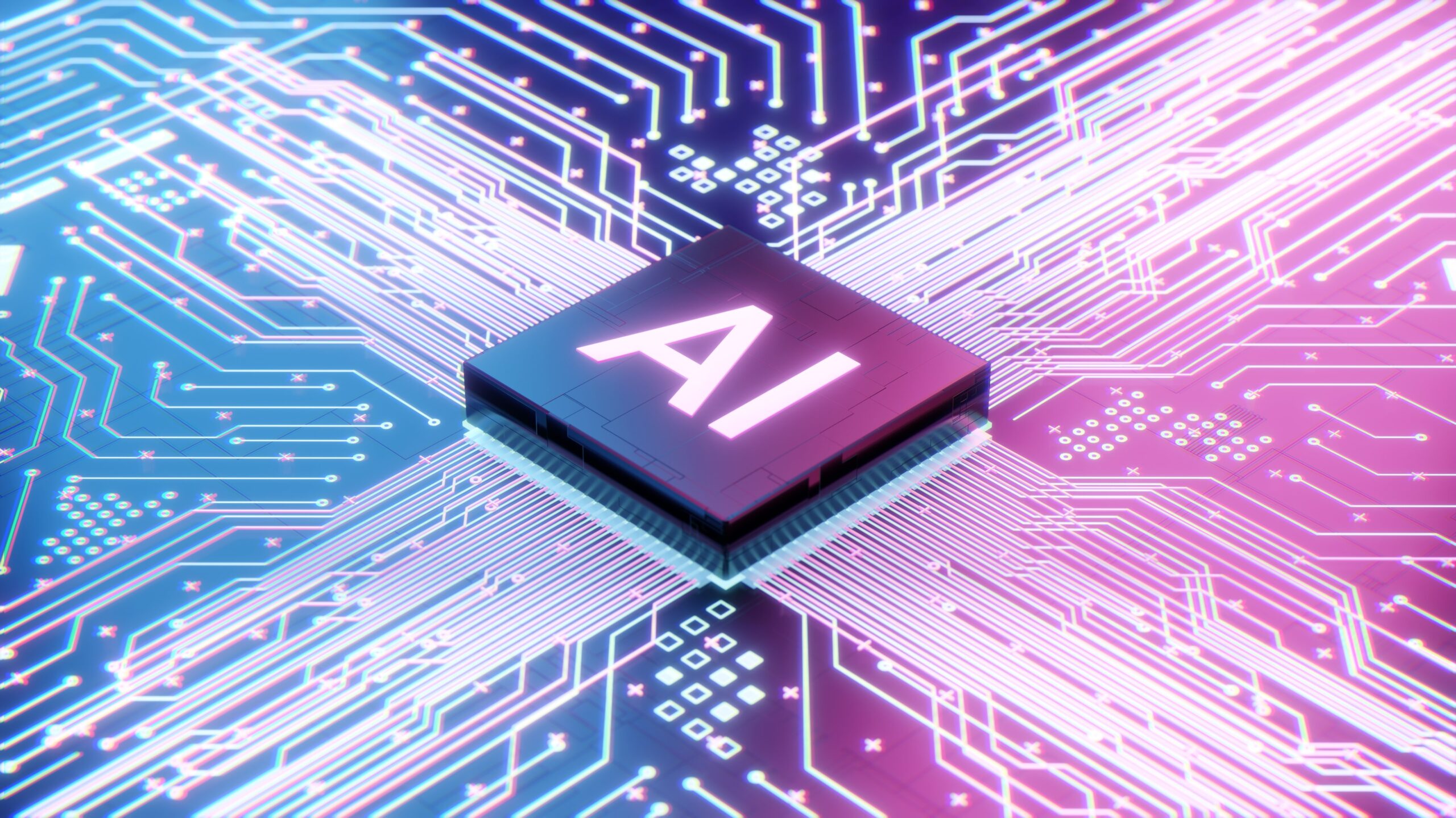 Blue and purple light emitting AI chip on circuit board.