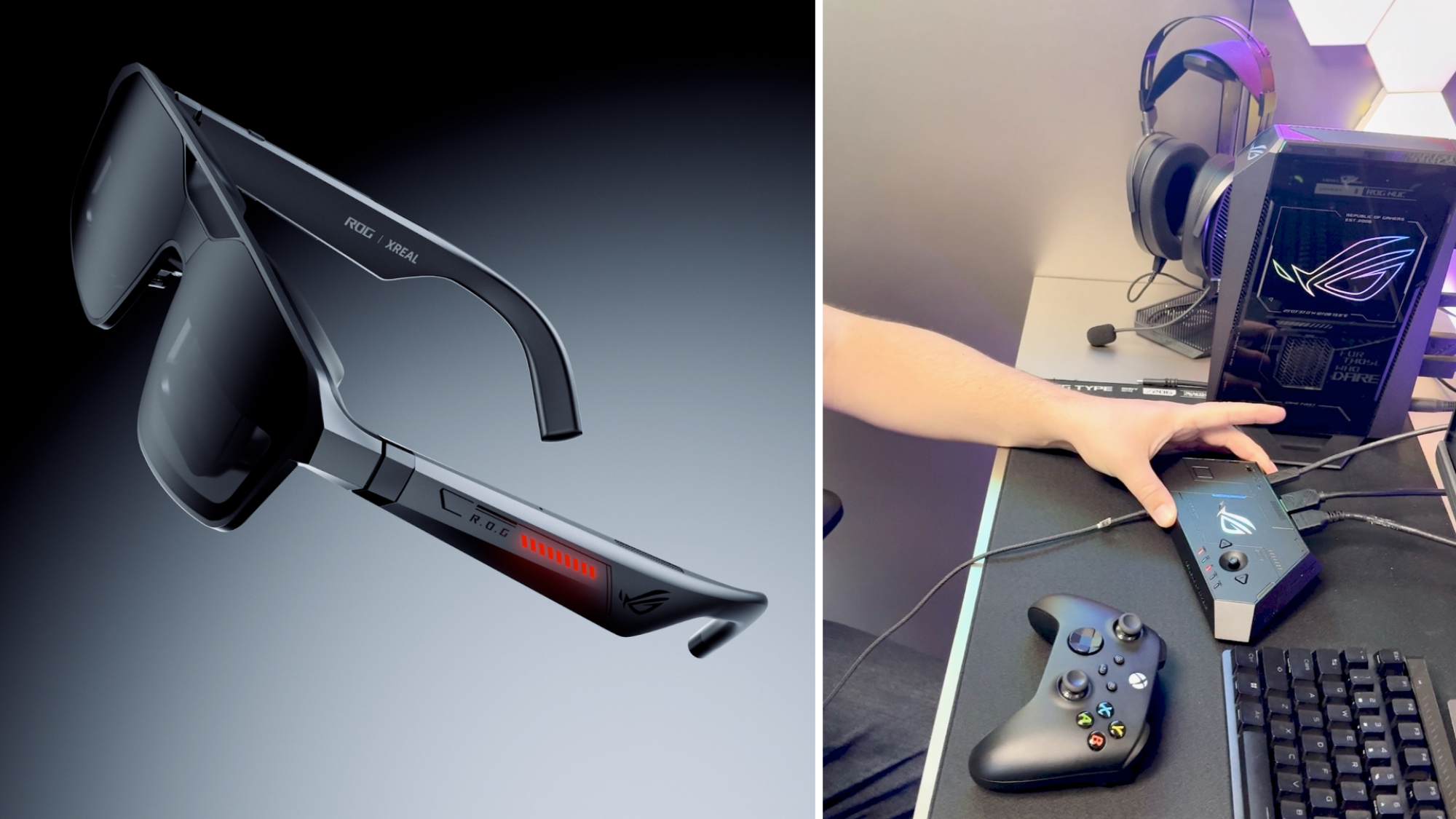 Left: ROG Xreal R1 AR Gaming Glasses. Right: A ROG Xreal R1 AR gaming glasses stand on a table next to a keyboard, headphones and a controller.