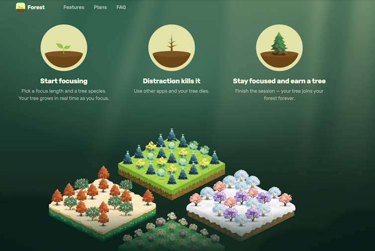 A screen grab of the Forest App website showing a colorful forest of digital trees.
