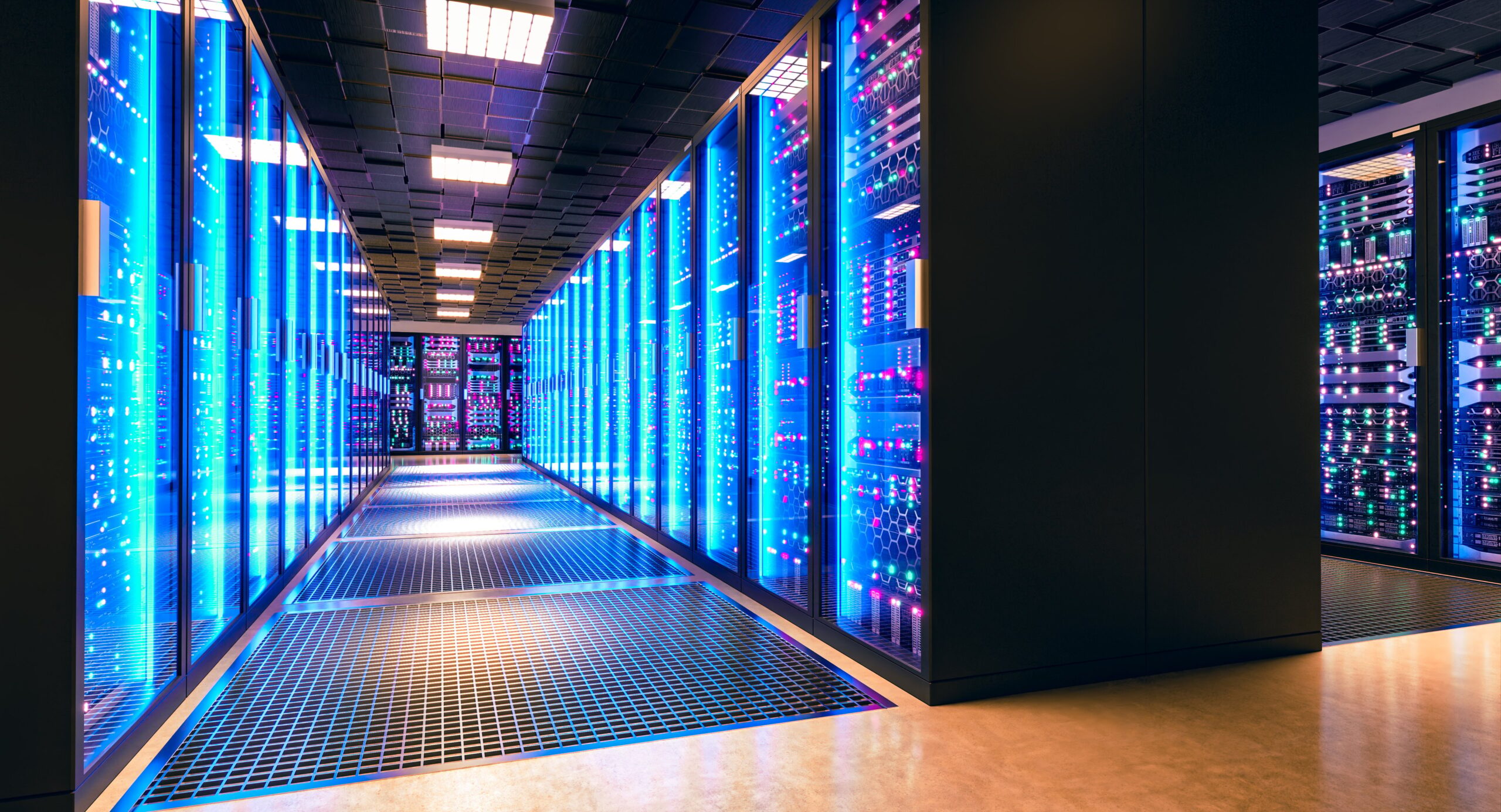 The interior of a large data center.
