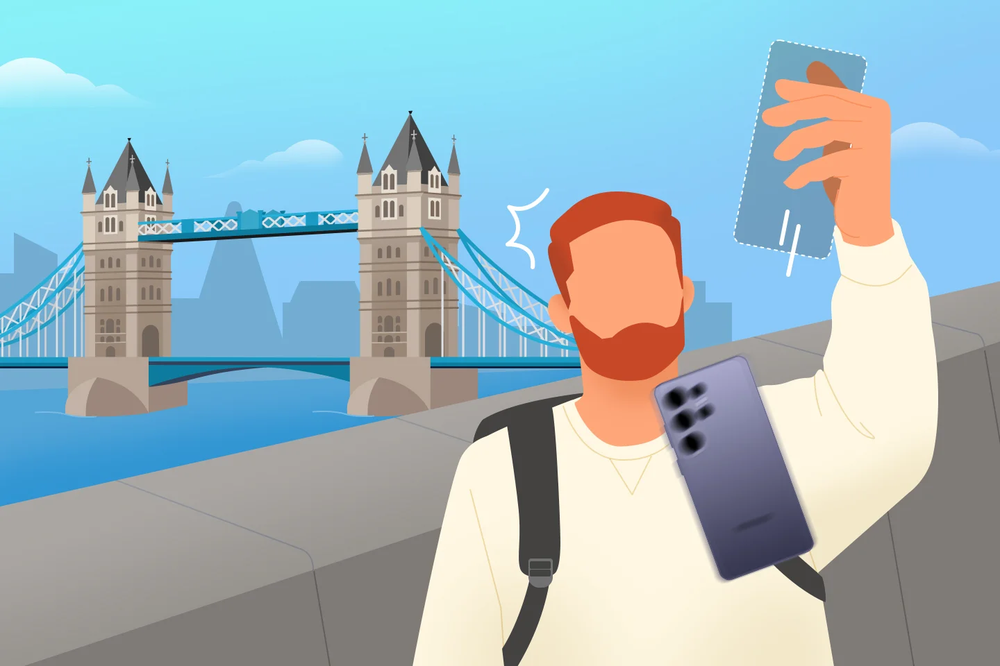 A commuter dropped his Galaxy phone on London's Tower Bridge and a second handset was shown next to him.