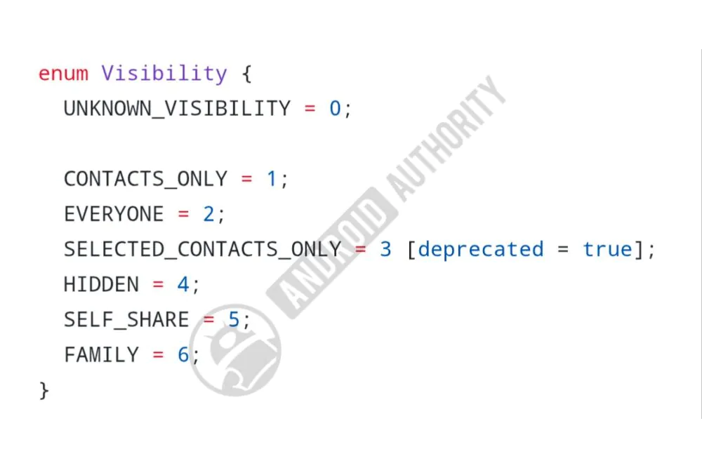 A code snippet from Google's Nearby Share repository showing a visibility list containing the new family value and the deprecated SELECTED_CONTACTS_ONLY value.