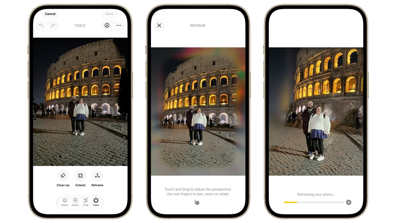 Three smartphone screens display a photo-editing app, a nighttime photo of a person in front of a brightly lit ancient Colosseum, tools and a progress bar.