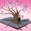 In this illustration, a large tree grows out of a cracked digital tablet screen. A student is sitting under a tree and reading a book.